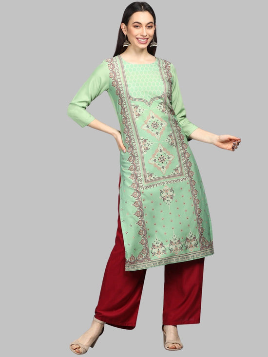 Ahika Women Green Beige Printed Straight Kurta 1