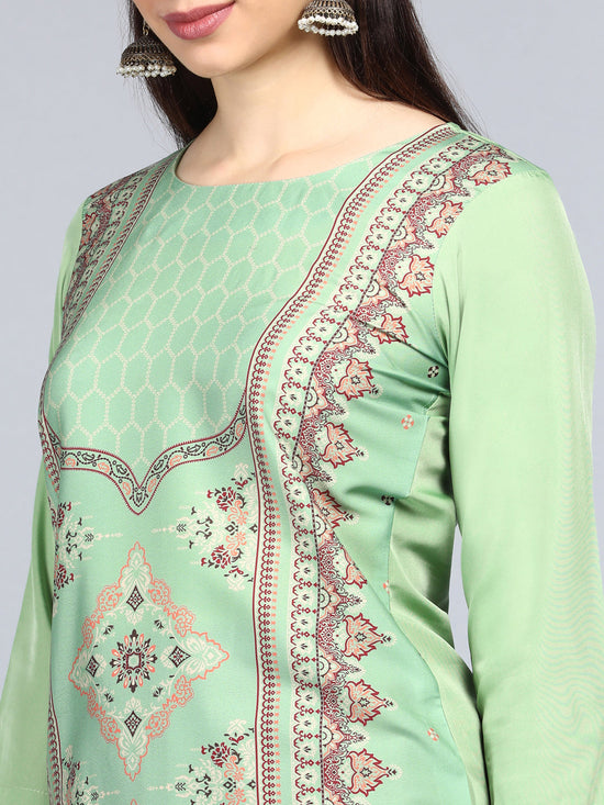 Ahika Women Green Beige Printed Straight Kurta 1