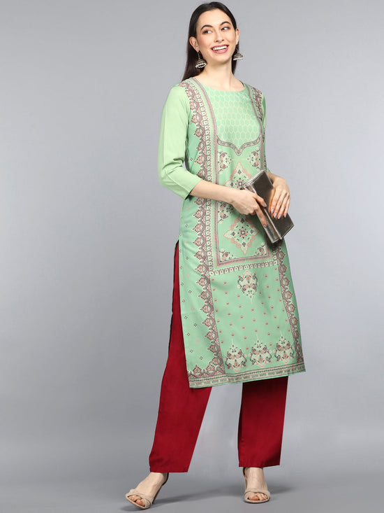 Ahika Women Green Beige Printed Straight Kurta 1