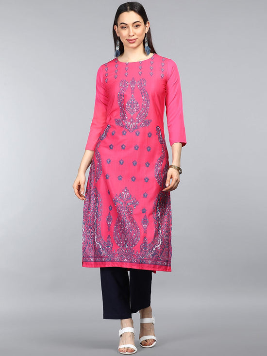 Ahika Women Pink Teal Blue Screen Print Straight Kurta