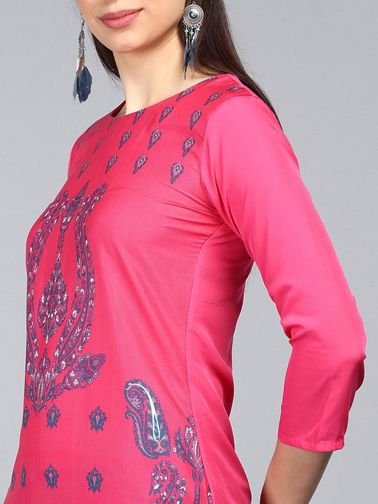 Ahika Women Pink Teal Blue Screen Print Straight Kurta