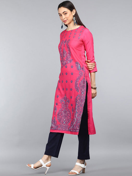 Ahika Women Pink Teal Blue Screen Print Straight Kurta