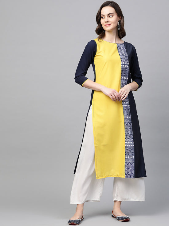 Ahika Women Navy Blue & Yellow Colourblocked regular Fit Kurta