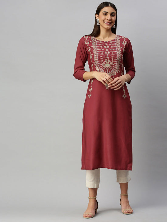 Ahika Women Poly Crepe Maroon Ethnic Motifs Printed Straight Kurti