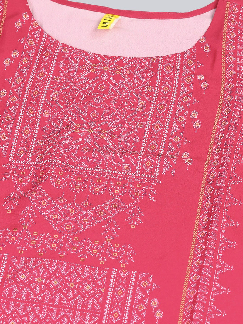 Ahika Women Pink White Geometric Printed Straight Kurta
