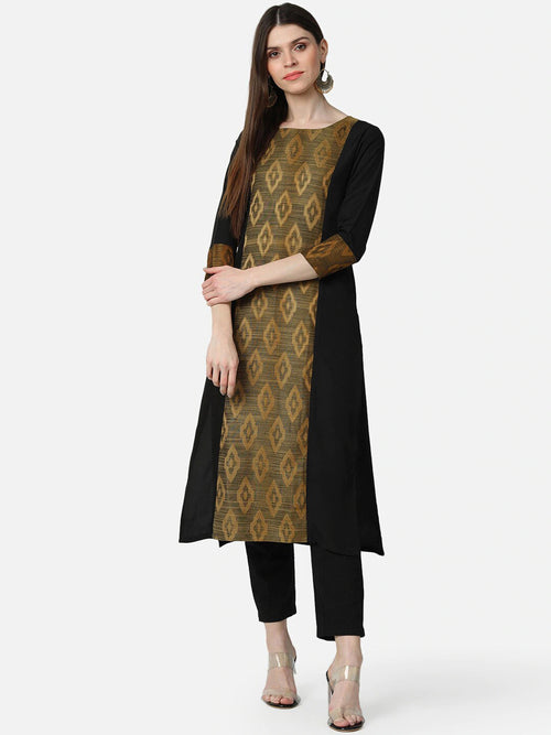 Ahika Women Black Brown Geometric Printed Panelled A Line Kurta