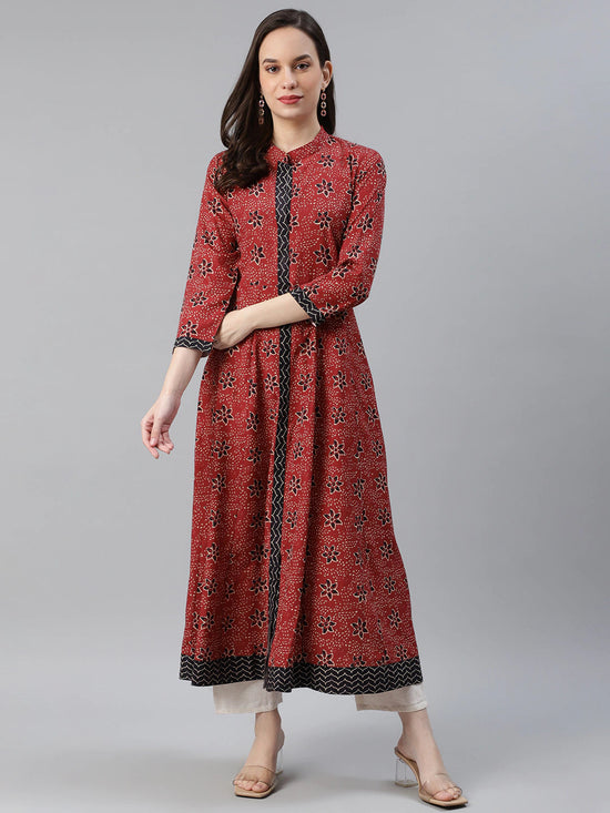 Ahika Women Poly Crepe Maroon Ethnic Motifs Printed A Line Kurti