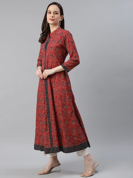 Ahika Women Poly Crepe Maroon Ethnic Motifs Printed A Line Kurti