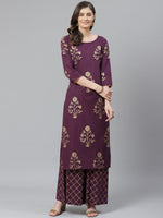 Ahika Women Poly Crepe Purple Ethnic Motifs Printed Straight Kurta Palazzo Set