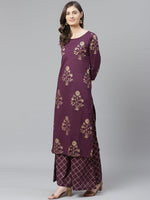 Ahika Women Poly Crepe Purple Ethnic Motifs Printed Straight Kurta Palazzo Set