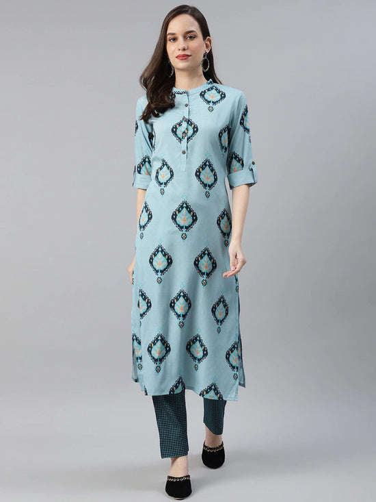 Ahika Women Poly Crepe Teal Solid Printed Straight Kurta Palazzo Set