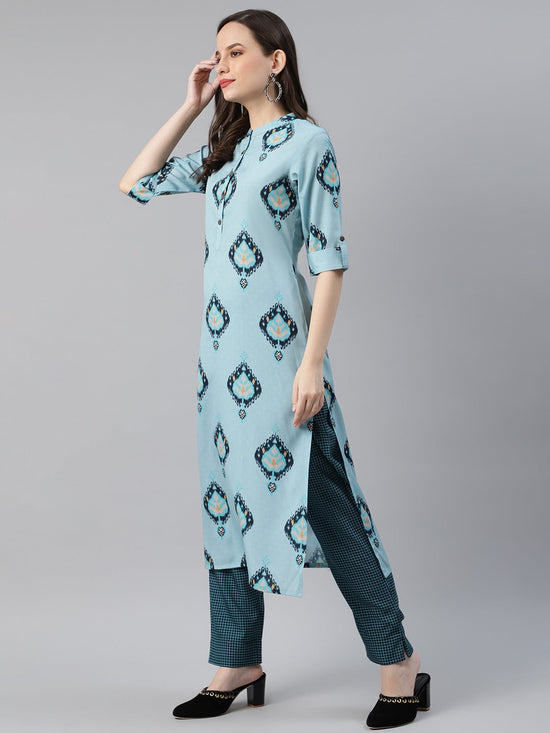 Ahika Women Poly Crepe Teal Solid Printed Straight Kurta Palazzo Set