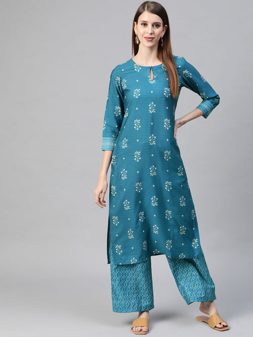 Ahika Women Crepe Blue Ethnic Motifs Printed Straight Kurta Pant Set