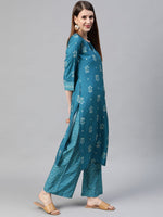 Ahika Women Crepe Blue Ethnic Motifs Printed Straight Kurta Pant Set