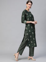 Ahika Women Crepe Green Ethnic Motifs Printed Straight Kurta Pant Set 2