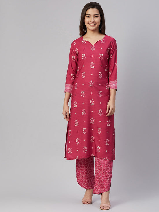 Ahika Women Crepe Pink Ethnic Motifs Printed Straight Kurta Pant Set