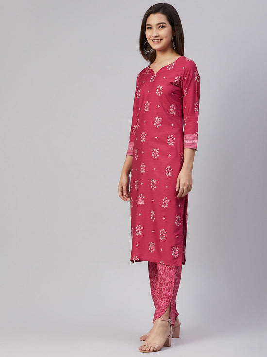 Ahika Women Crepe Pink Ethnic Motifs Printed Straight Kurta Pant Set