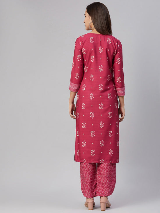 Ahika Women Crepe Pink Ethnic Motifs Printed Straight Kurta Pant Set