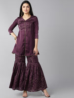 Ahika Women Burgundy Ethnic Motifs Printed Regular Gotta Patti Kurti With Sharara Set