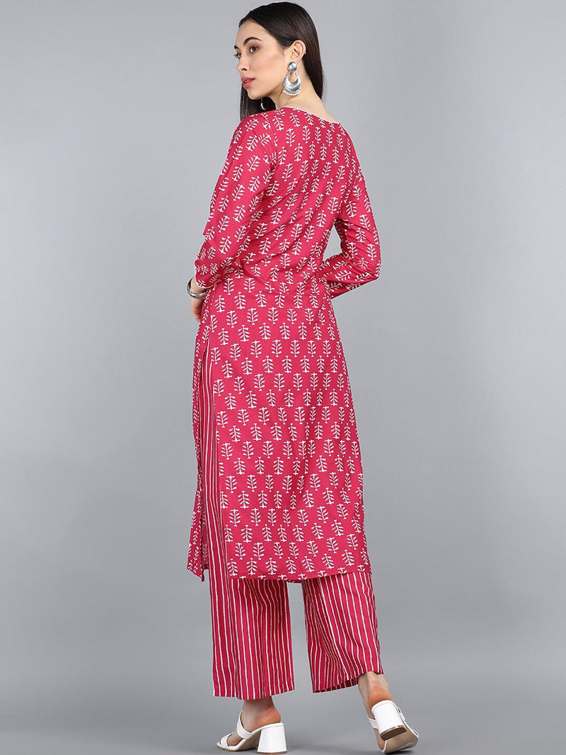 Ahika Women Pink Printed Layered Kurti With Palazzos Set
