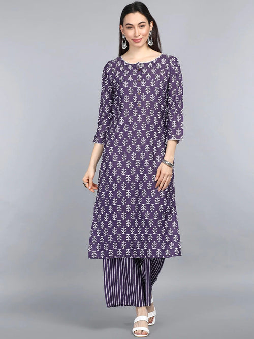 Ahika Women Purple Floral Printed Regular Kurta With Trousers Set