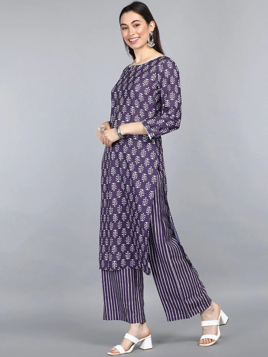 Ahika Women Purple Floral Printed Regular Kurta With Trousers Set