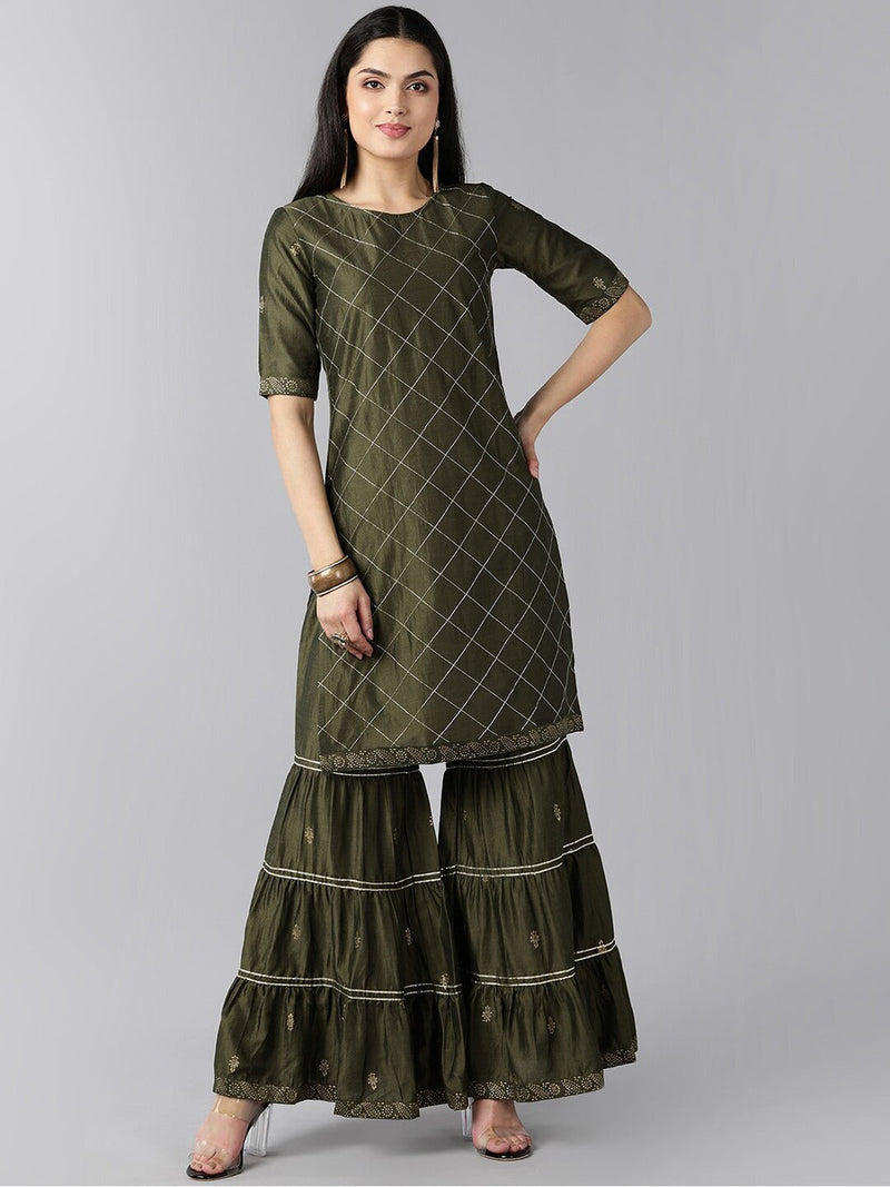 Ahika Women Green Printed Regular Kurta With Sharara Set