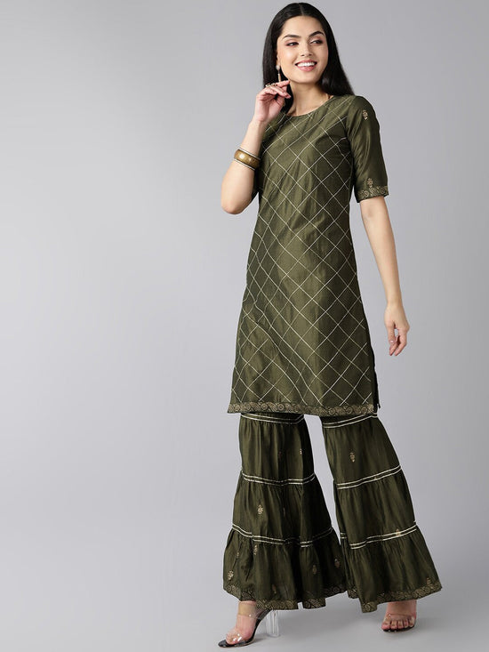 Ahika Women Green Printed Regular Kurta With Sharara Set