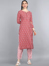 Ahika Women Red Printed Regular Straight Kurta With Trousers Set