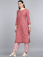 Ahika Women Red Printed Regular Straight Kurta With Trousers Set