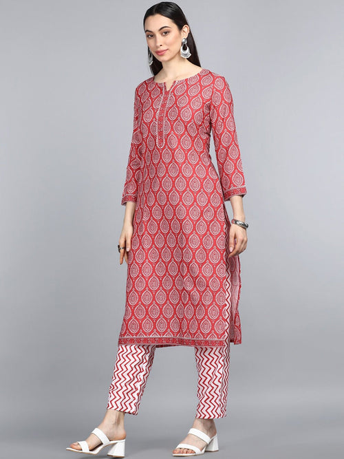 Ahika Women Red Printed Regular Straight Kurta With Trousers Set