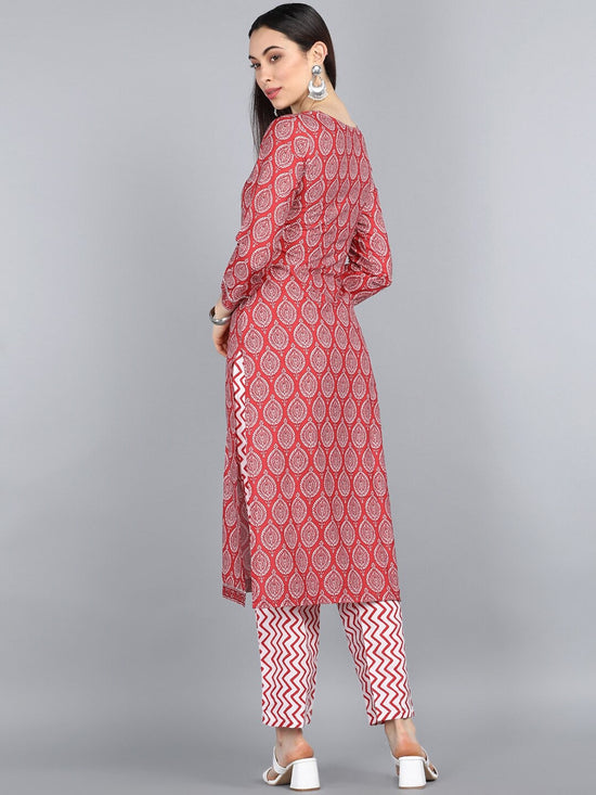 Ahika Women Red Printed Regular Straight Kurta With Trousers Set