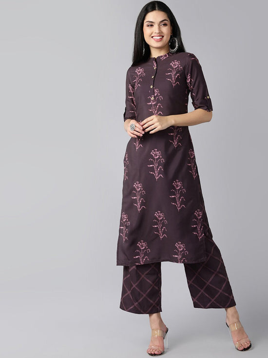 Ahika Women Burgundy Floral Regular Kurta With Palazzos Set