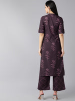 Ahika Women Burgundy Floral Regular Kurta With Palazzos Set