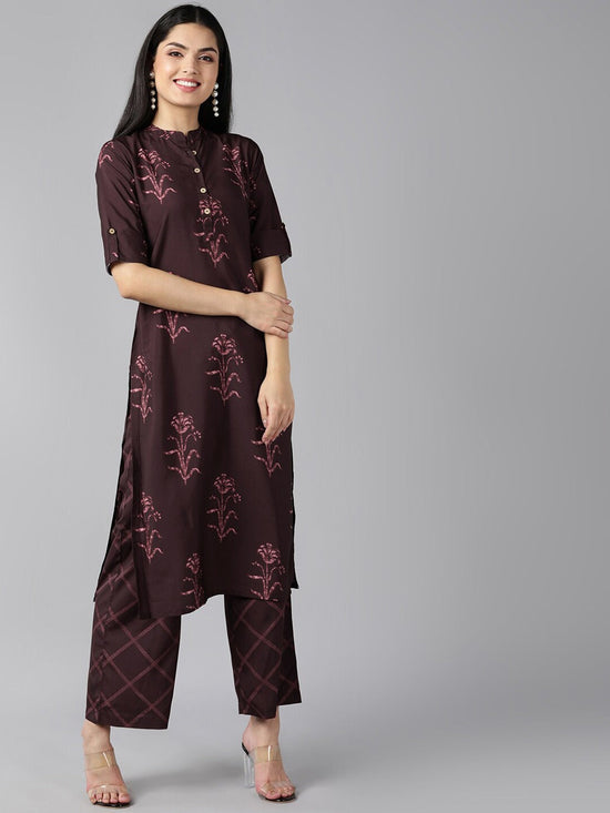 Ahika Women Burgundy Floral Printed Regular Kurti With Trousers Set