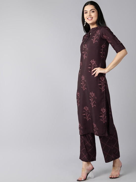 Ahika Women Burgundy Floral Printed Regular Kurti With Trousers Set