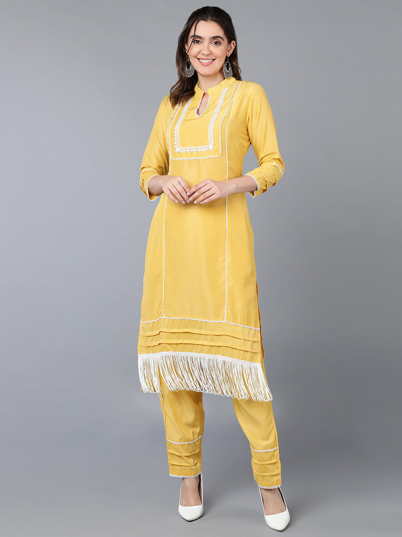 Poly Silk Yellow Solid Kurta Pant With