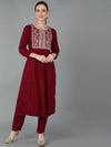 Ahika Women Maroon Silk Blend Yoke Design Kurta Set