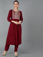 Ahika Women Maroon Silk Blend Yoke Design Kurta Set