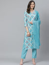 Ahika Women Poly Crepe Turquoise Blue Ethnic Motifs Printed Straight Kurta Pant