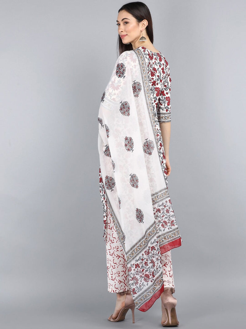 Ahika Women Off White Red Floral Printed Regular Kurta With Trousers Dupatta Set