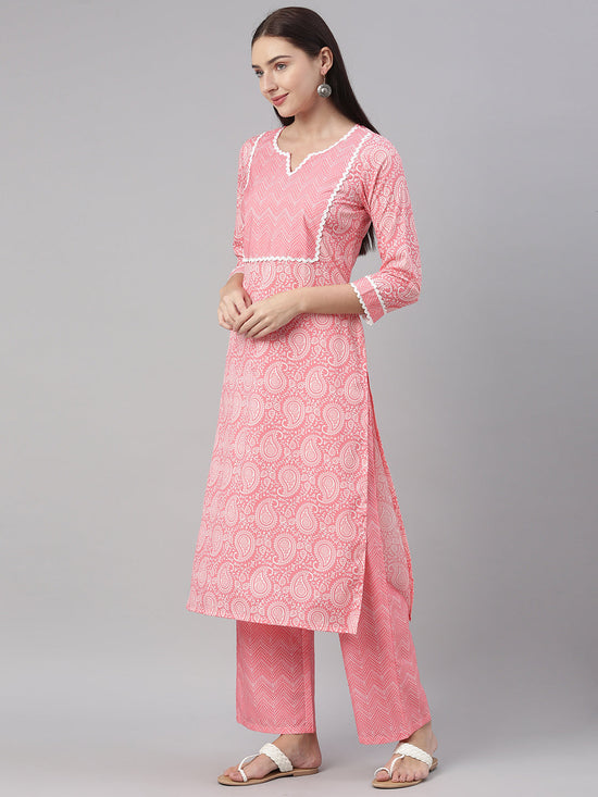 Ahika Women Crepe Pink Paisley Printed Straight Kurta Pant Dupatta Set