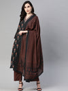 Ahika Women Crepe Black Ethnic Motifs Printed Straight Kurta Trousers And Dupatta Set