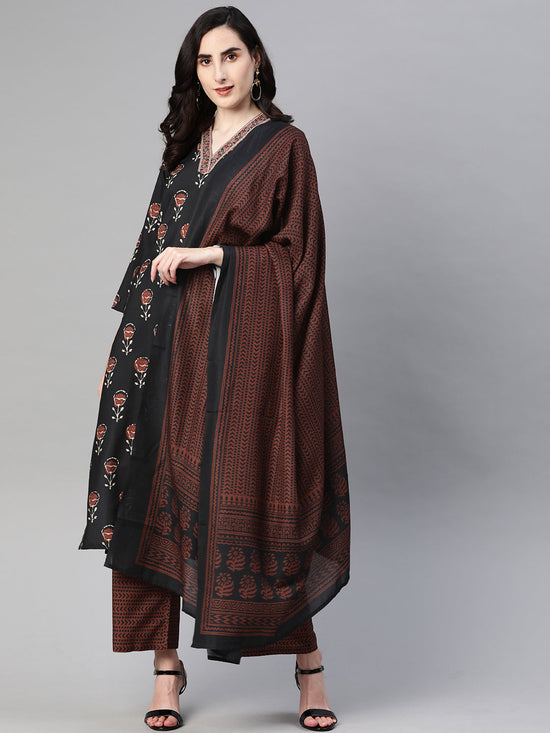 Ahika Women Crepe Black Ethnic Motifs Printed Straight Kurta Trousers And Dupatta Set