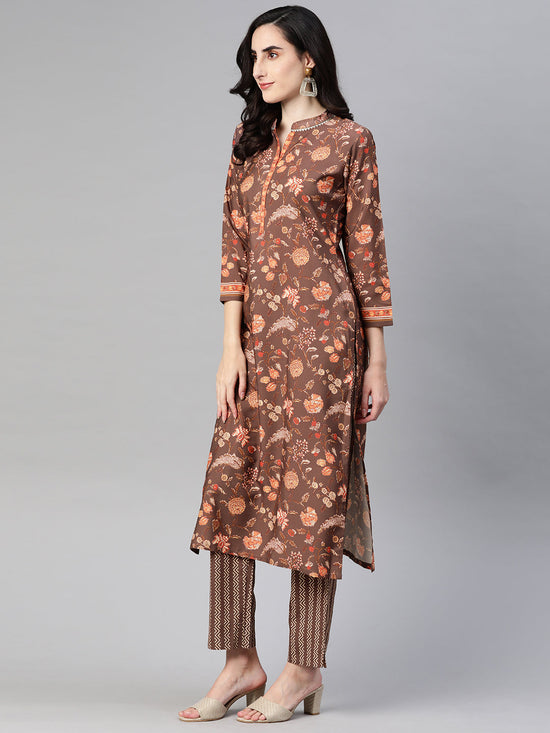 Ahika Women Crepe Brown Ethnic Motifs Printed Straight Kurta Trousers And Dupatta Set