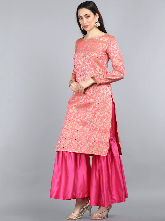 Ahika Women Peach Ethnic Motifs Woven Design Kurta Sharara With Dupatta