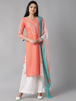 Ahika Women Peach Coloured White Ethnic Motifs Printed Kurta With Palazzos Dupatta Set