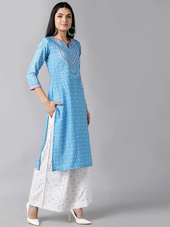 Ahika Women Blue Ethnic Motifs Printed Panelled Kurta With Skirt With Dupatta Set