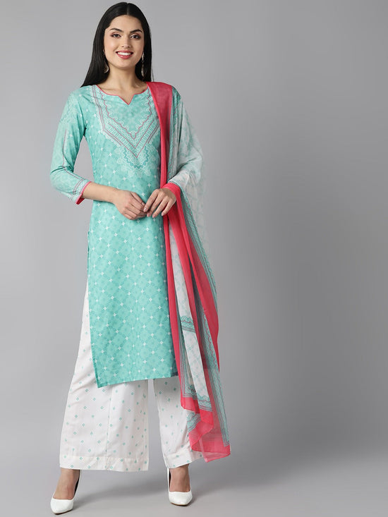 Ahika Women Sea Green Ethnic Motifs Printed Regular Kurta With Palazzos With Dupatta Set