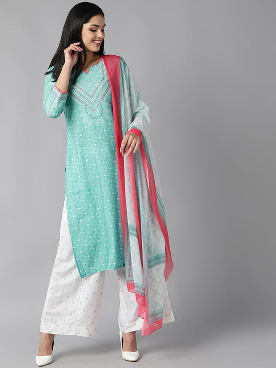 Ahika Women Sea Green Ethnic Motifs Printed Regular Kurta With Palazzos With Dupatta Set